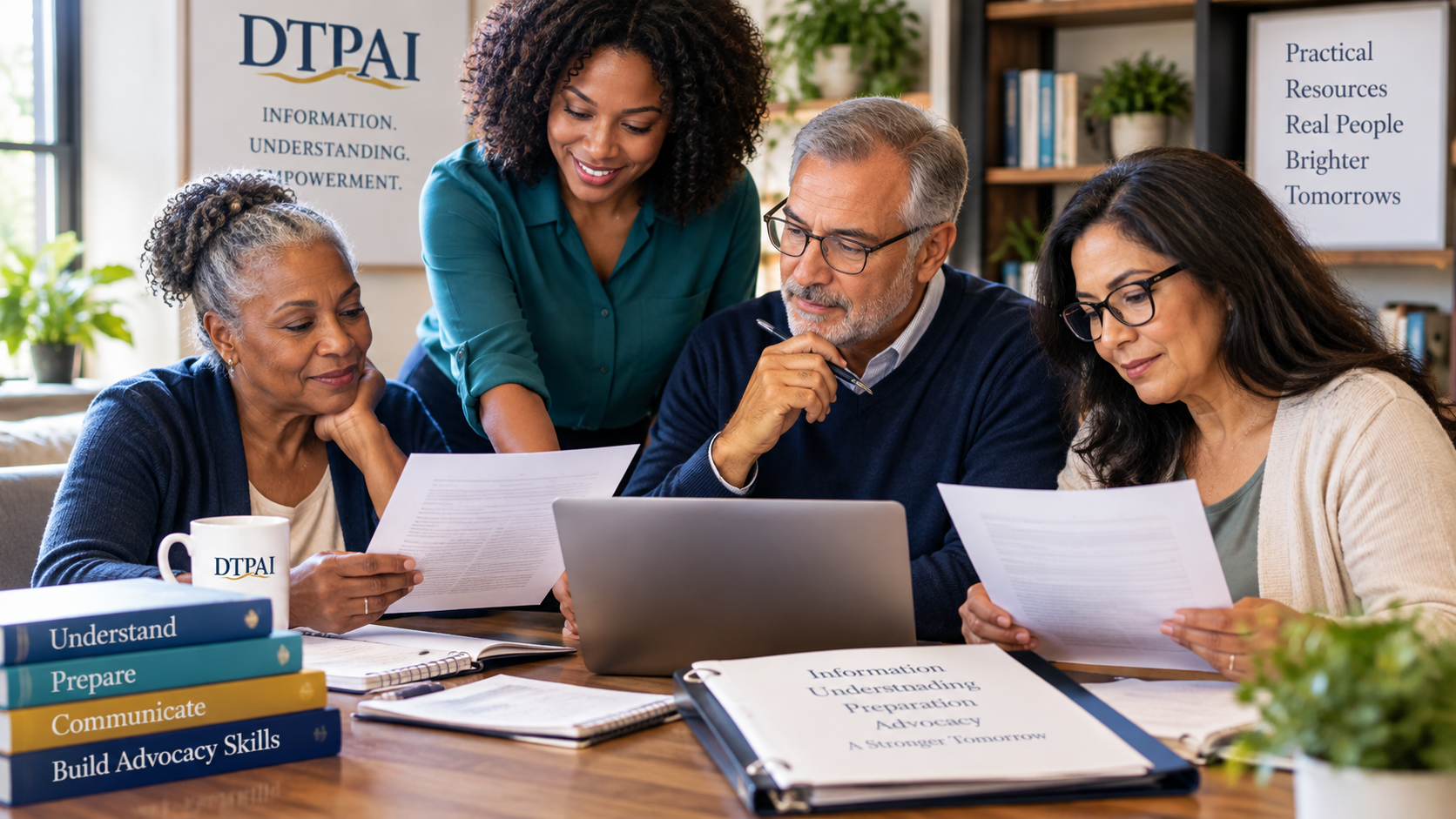 Diverse adults collaborating around a table while reviewing documents and practical learning materials.