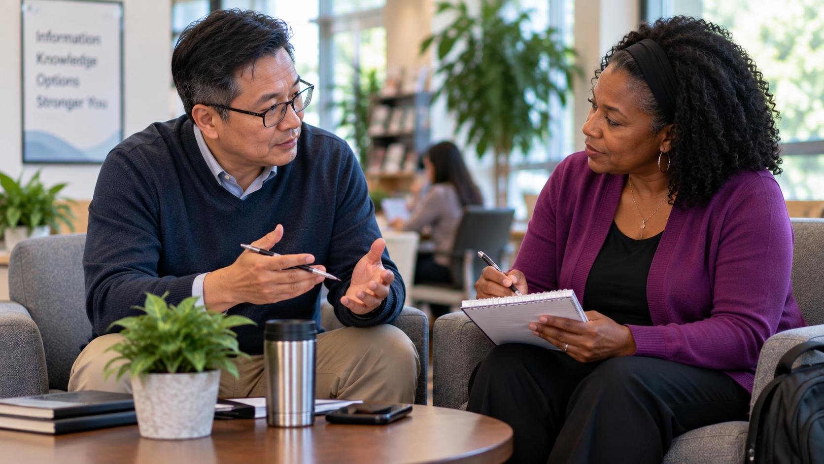 Adults engaged in a collaborative discussion in a bright lounge, with everyone visibly participating in the conversation.