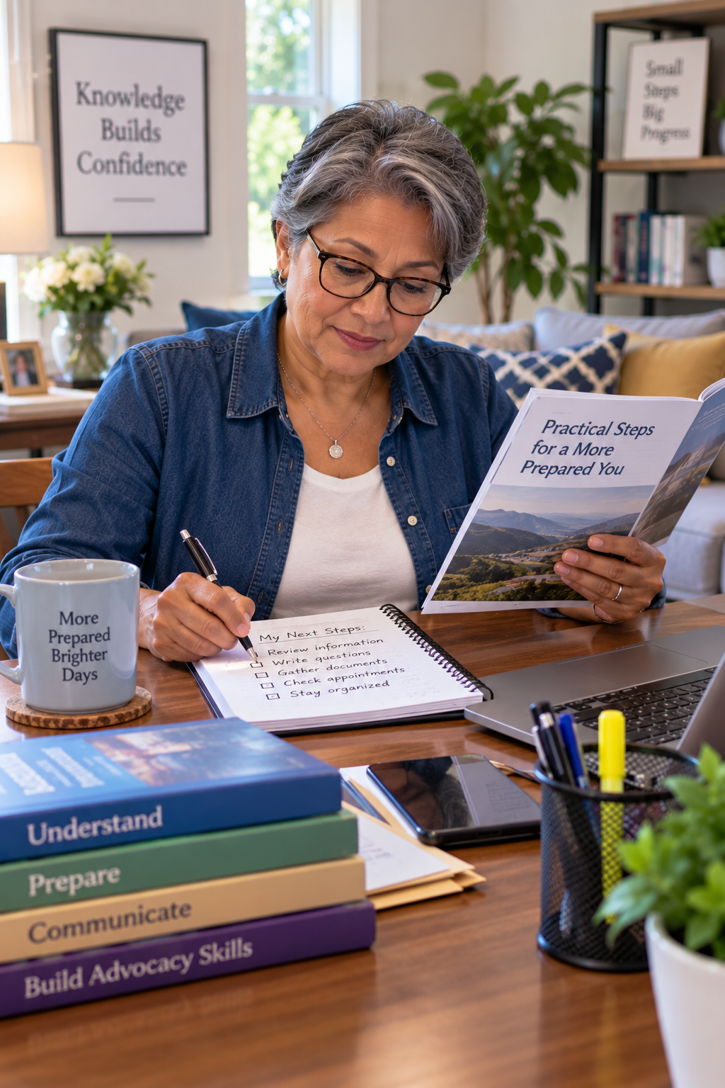 Adult organizing information and applying practical learning in a home office.