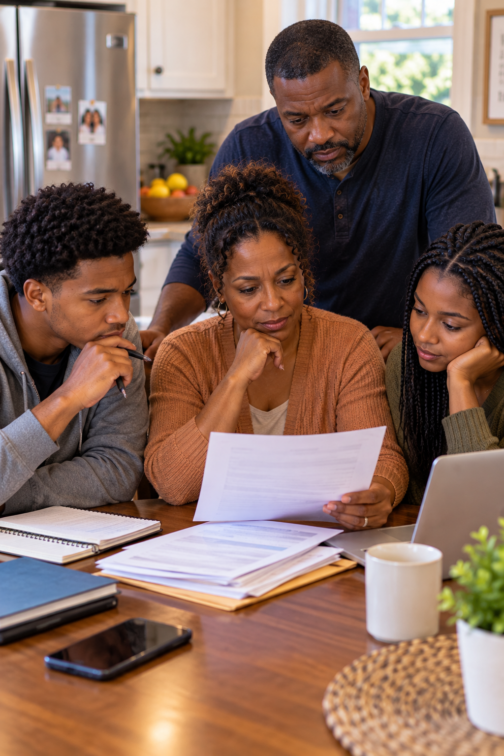 Family gathered at a kitchen table reviewing important information together.