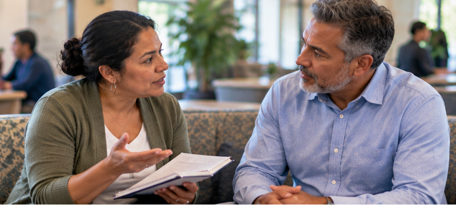 Two adults in conversation while one seeks clarification about information they do not yet understand.