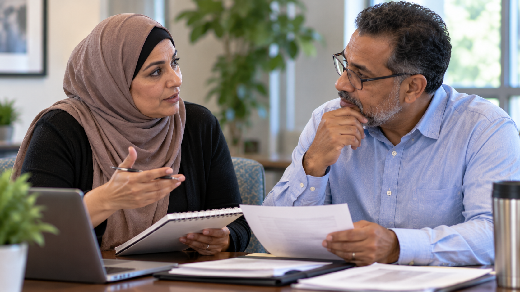 Two adults engaged in an attentive conversation, listening and participating as they clarify information together.
