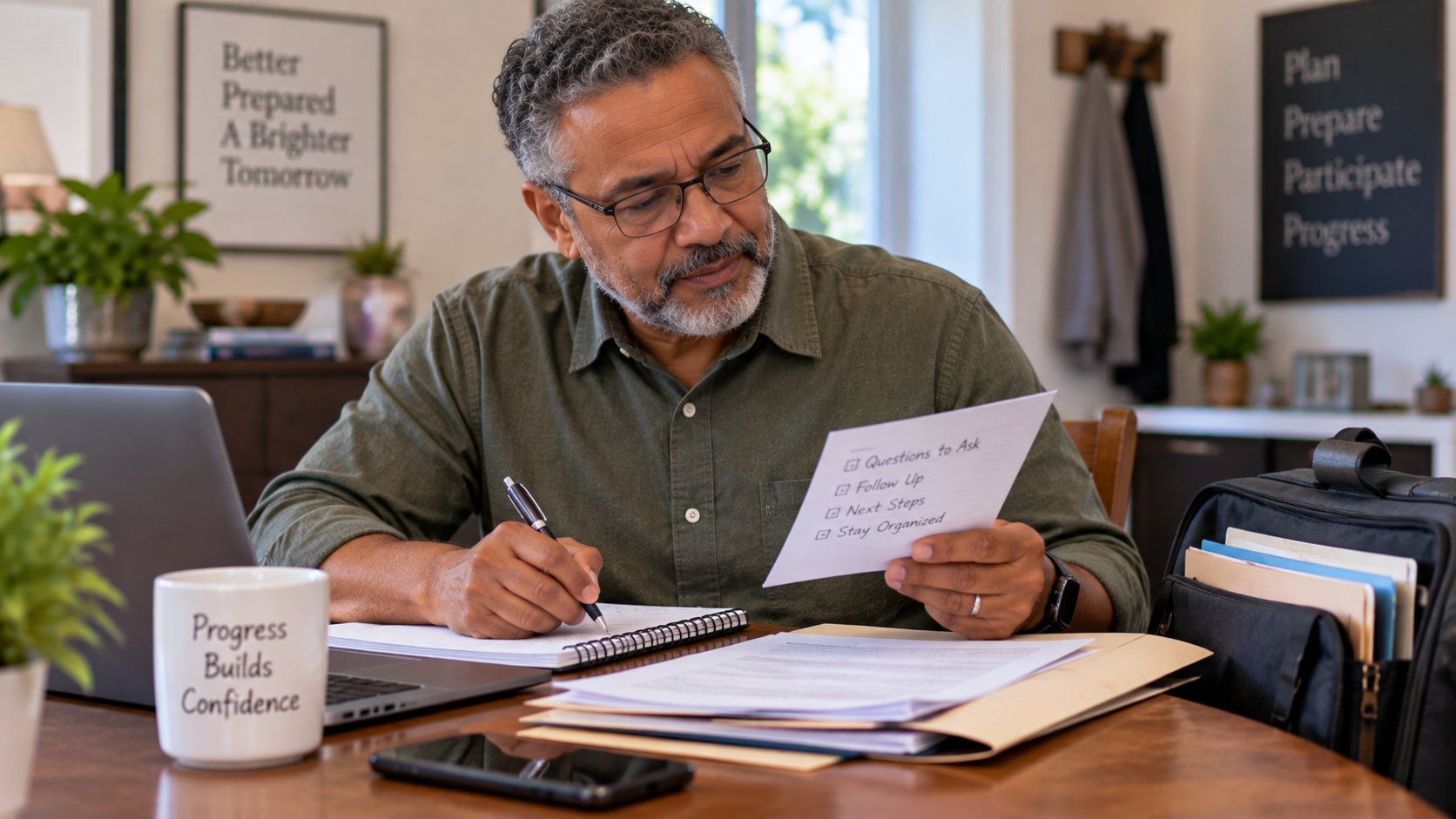 Person thoughtfully planning with notes and educational materials, building practical personal-advocacy habits.