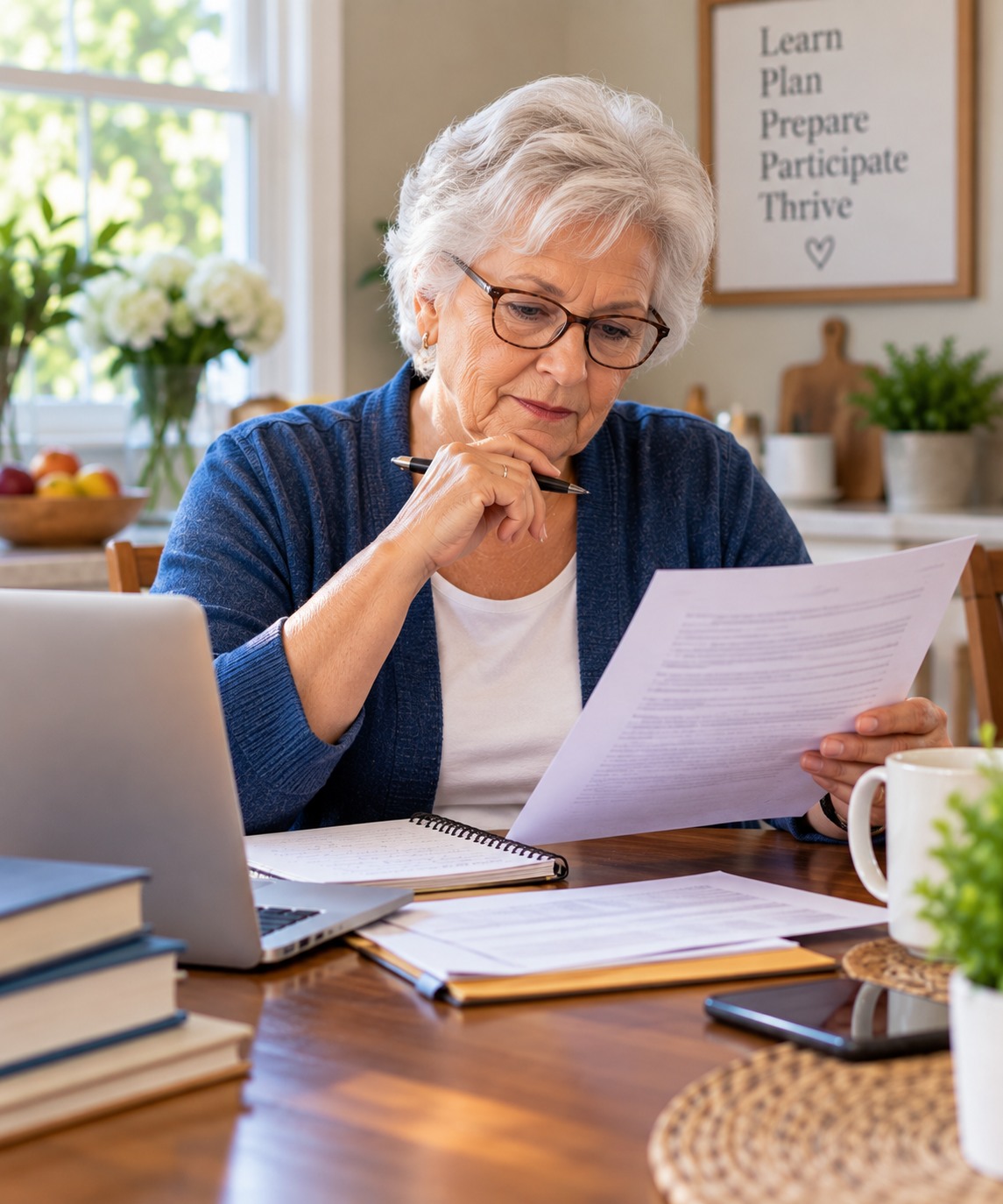 Woman thoughtfully reviewing information at home, demonstrating practical learning and preparation.