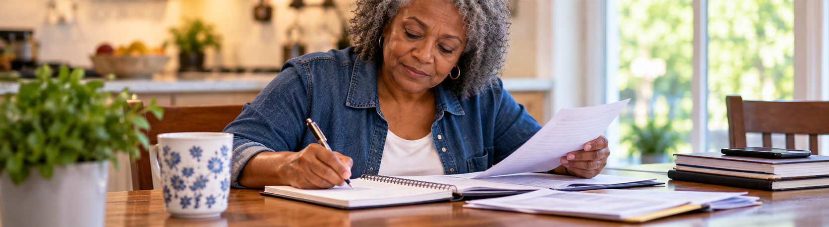 An adult at a kitchen table reviewing paperwork and writing notes in a notebook.
