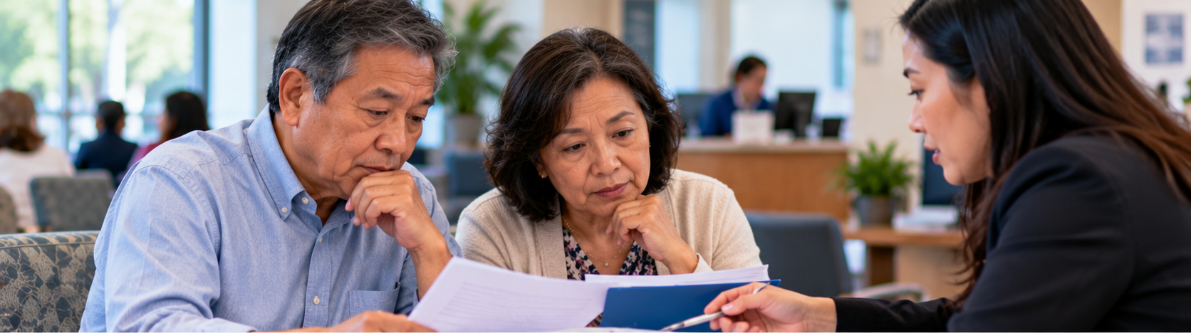 Two older adults reviewing paperwork with a staff member in an office.
