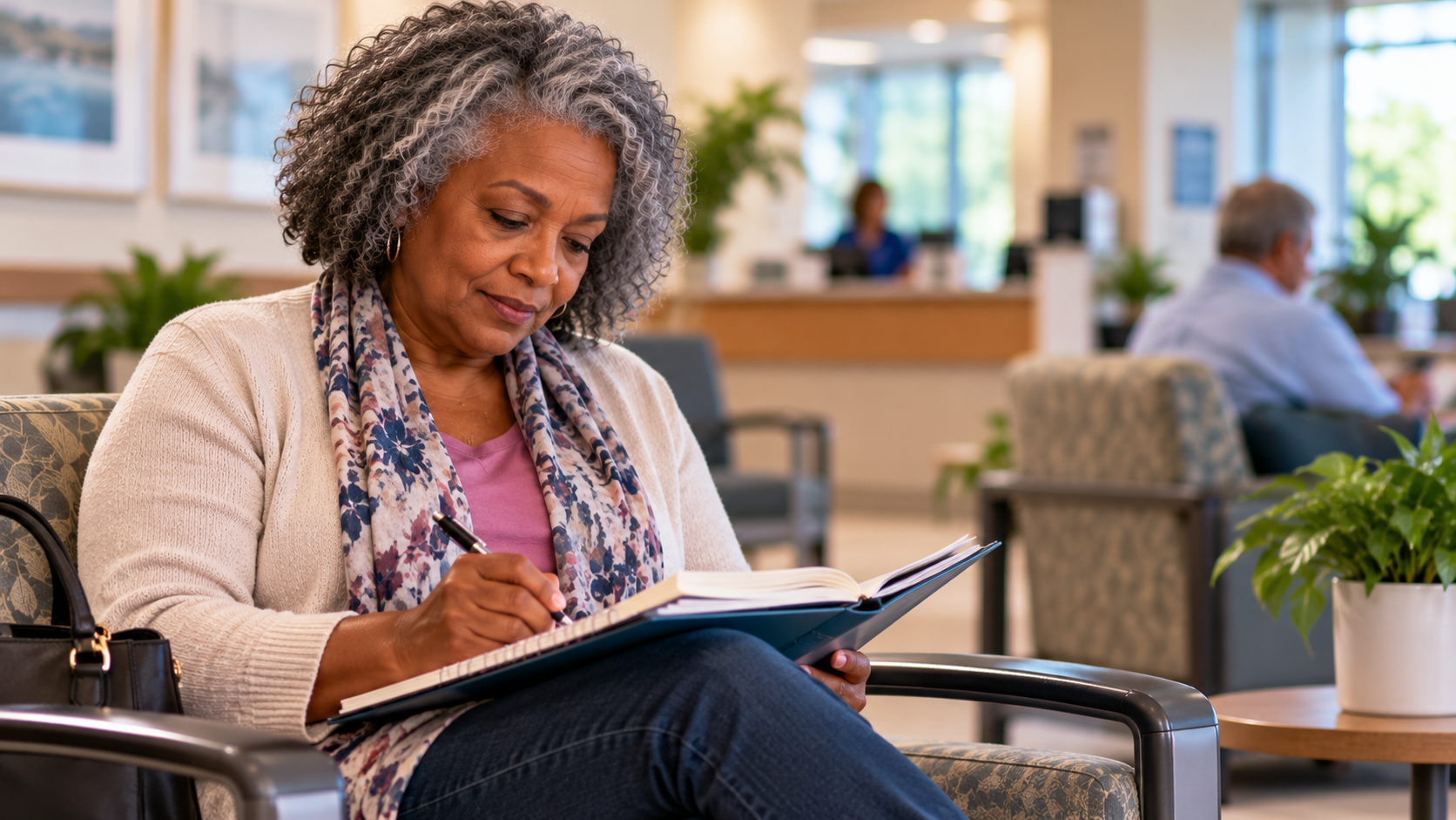An adult reviewing notes in a clinic waiting room before a medical appointment.